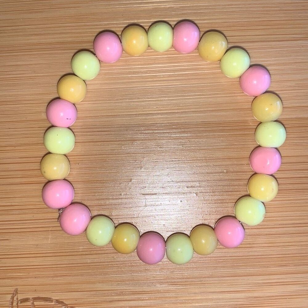 New Handmade Glass Bead Bracelet‎ Pink Yellow 6.2” OSFM Fun Gum Balls Spring